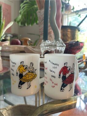 Vintage MCM Federal Glass Milk Glass Square Dancing Mug Black Red